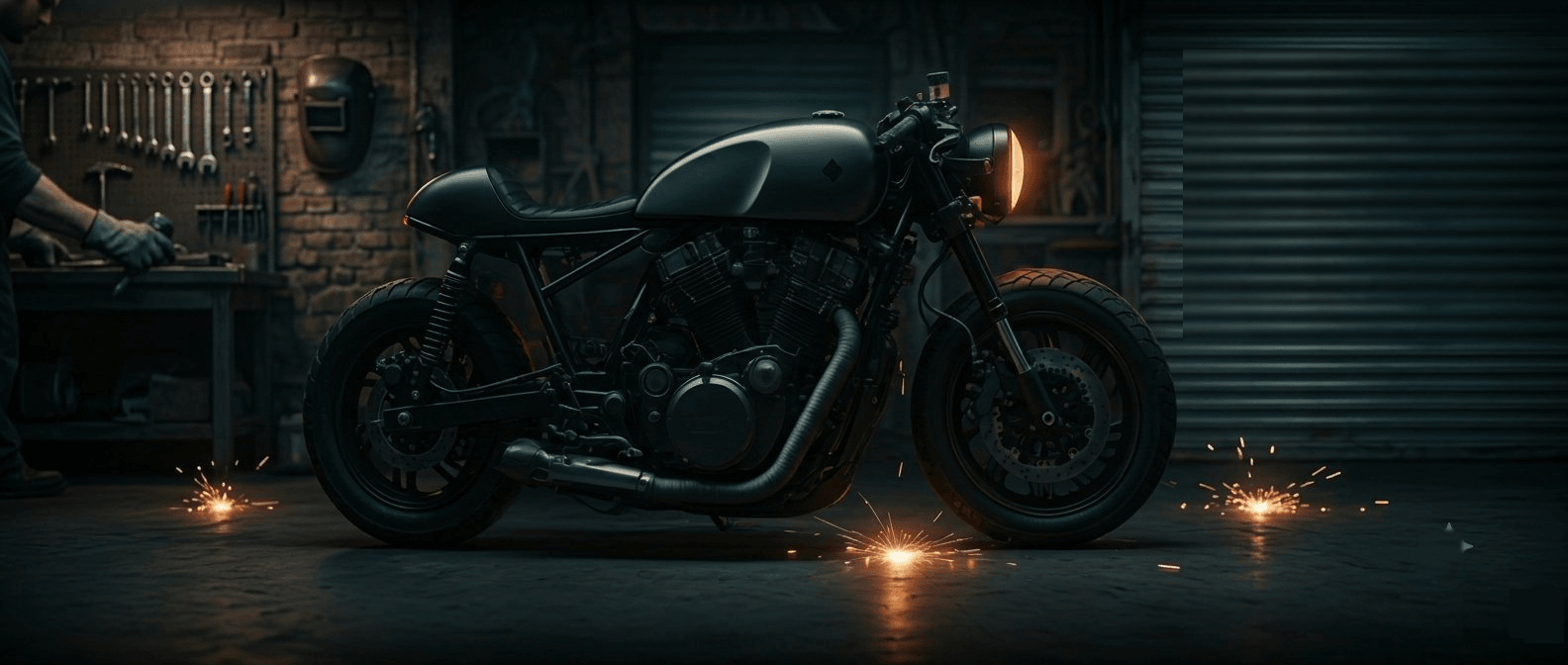 Taller de alto rendimiento con motor de motocicleta siendo ajustado, iluminación dramática con destellos naranjas industriales